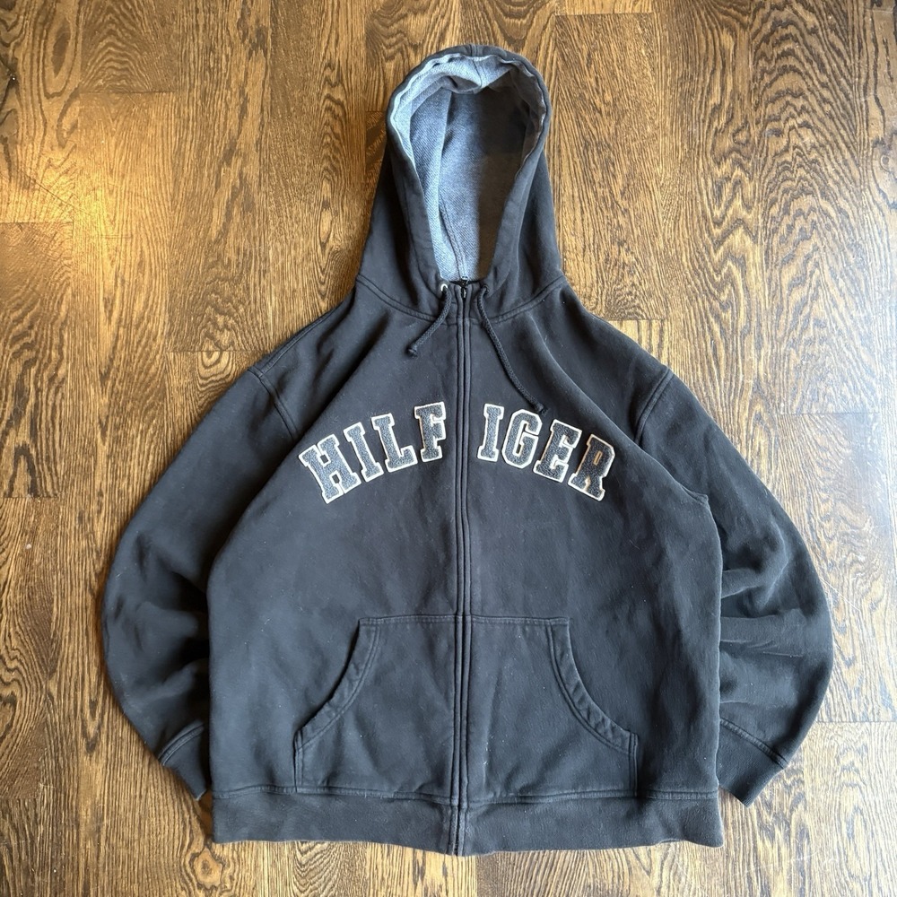 Vtg Tommy Hilfiger Spellout Zip Up Hoodie Mens L Black Y2K Big Logo Sweatshirt